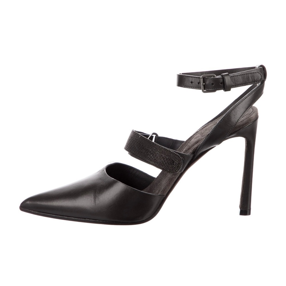 Brunello Cucinelli Monili Beaded Leather Heels Black Ankle Strap Pumps EUC 7